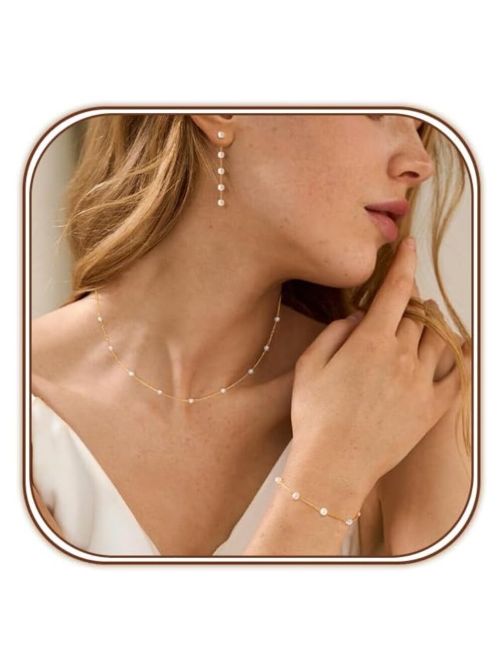 14K Gold Plated Pearl Jewelry Set Necklace Bracelet Earrings
